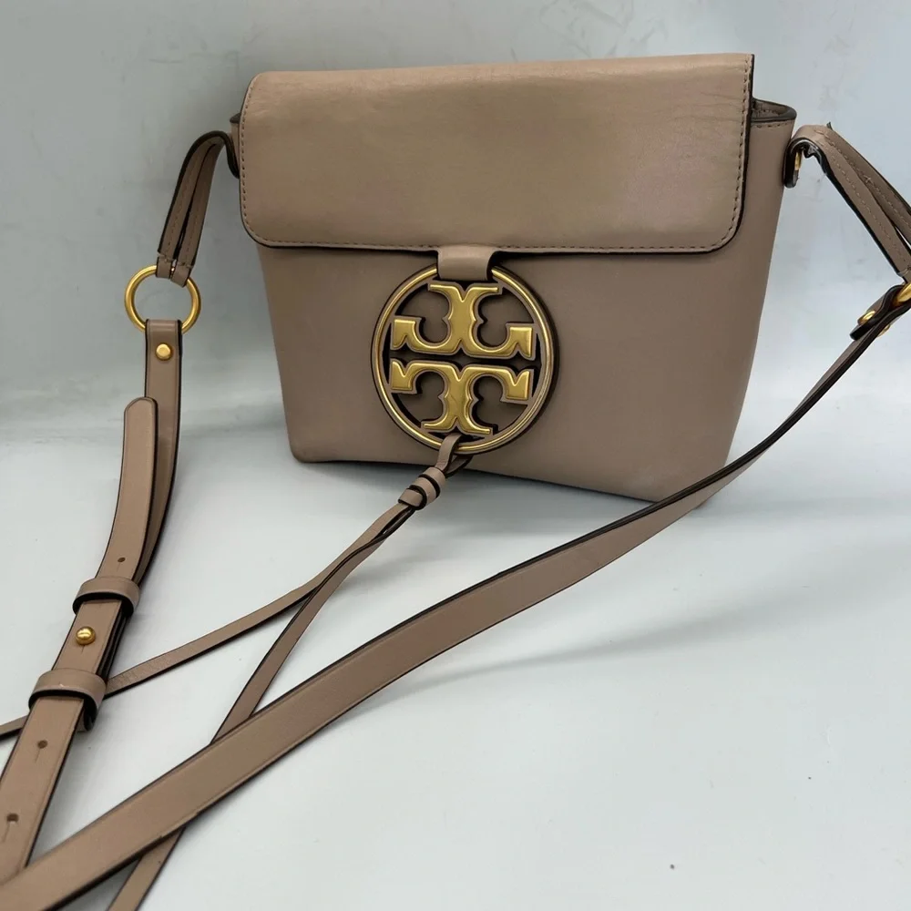 Tory Burch Taupe Leather Crossbody with Gold Logo Medallion
